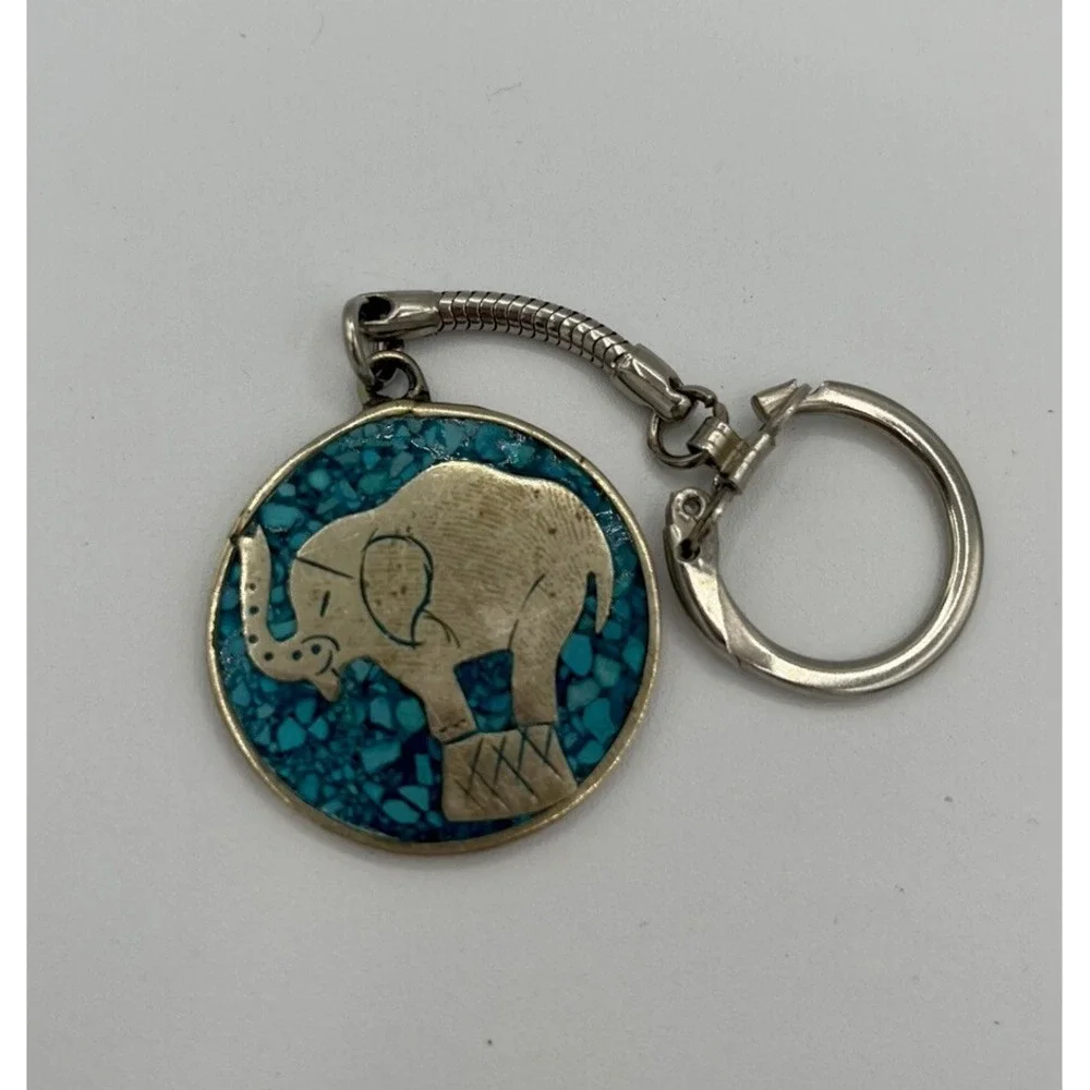 Vintage Alpaca Silver Elephant Turquoise Keychain